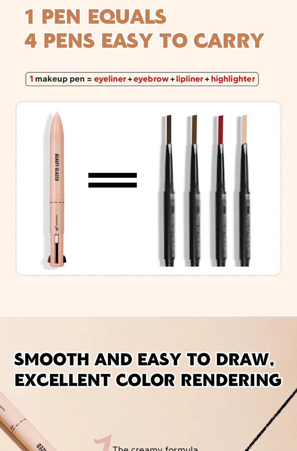 4-in-1 Waterproof Cosmetic Pencil Multi-Function Beauty Glazed Eyeliner Brow Lip Highlighter Pen NoirKiss