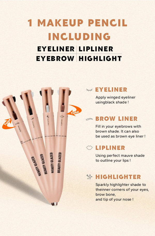 4-in-1 Waterproof Cosmetic Pencil Multi-Function Beauty Glazed Eyeliner Brow Lip Highlighter Pen NoirKiss