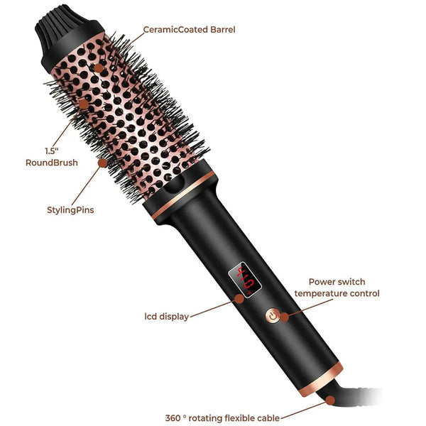 1.5 Inch Hair Curling Iron Brush Ceramic Thermal Brush Heated Round Brush Hair Electric Heating Brush Electric Hair Curler Comb NoirKiss